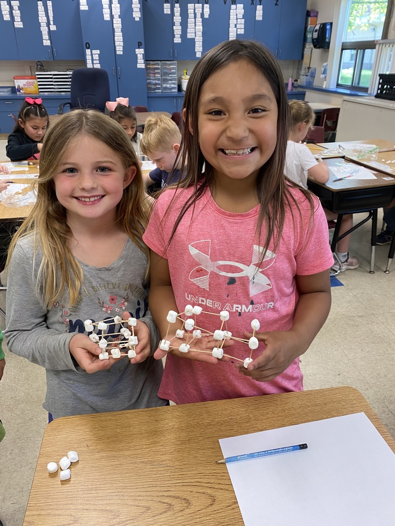 First grade made 3D structures out of marshmallows and toothpicks. The structures were supposed to be strong enough to hold up a book. We learned the planning process for building and how to adapt our structures after things didn't go the way we had planned! 